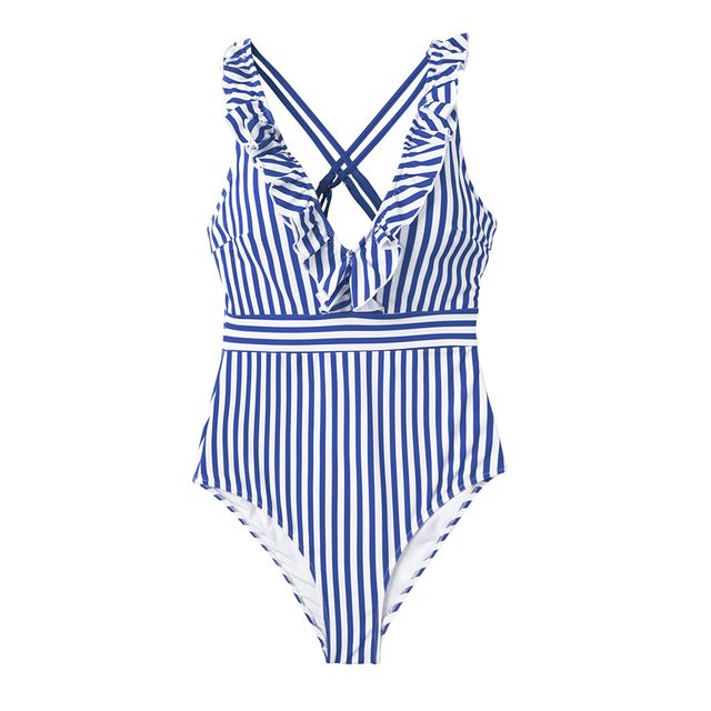 Photo 1 of Cupshe Women's Blue Striped Ruffled One Piece Swimsuit (XL)