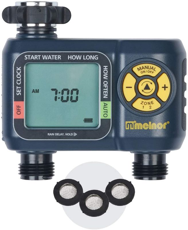 Photo 1 of Melnor 65035-AMZ AquaTimer 2-Zone Digital Water Timer with 3 Stainless Steel Filter Washers Set
