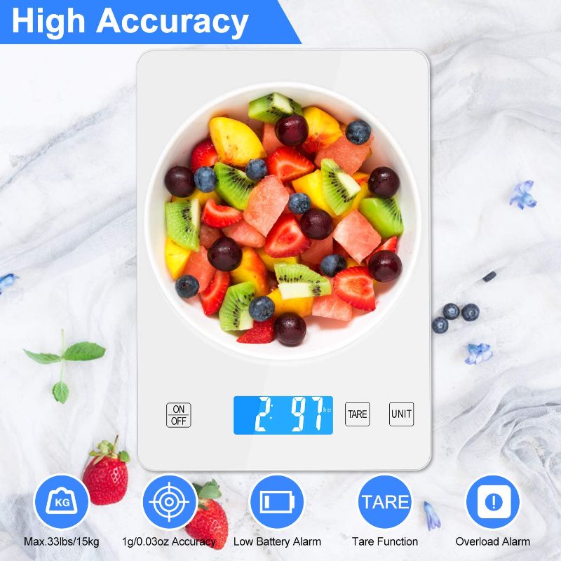 Photo 1 of Zibet Food Scale ,Rechargeable 33lb/15kg Digital Kitchen Scale,1g/0.1oz Precise Graduation,5 Units,Tare Function,Touch Button,Hook Design,Backlit LCD ,Waterproof Tempered Glass Surface 
(SCRATCHES AND SCUFFS)