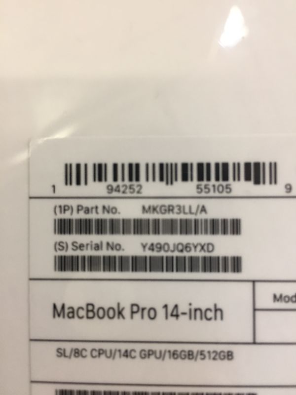 Photo 4 of 2021 Apple MacBook Pro (14-inch, Apple M1 Pro chip with 8 core CPU and 14?core GPU, 16GB RAM, 512GB SSD) - Space Gray
(FACTORY SEALED)