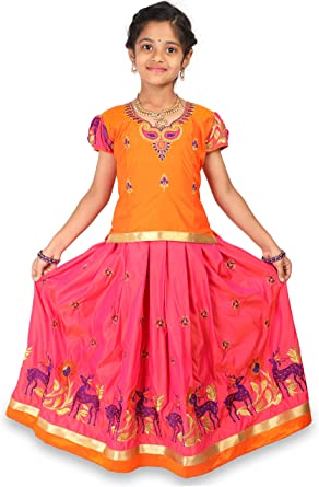 Photo 1 of Kaatru Thana Silk Girls Pavadai Set (D39) - Lehenga Choli (Prince Size Chart)
(11-12Y)
