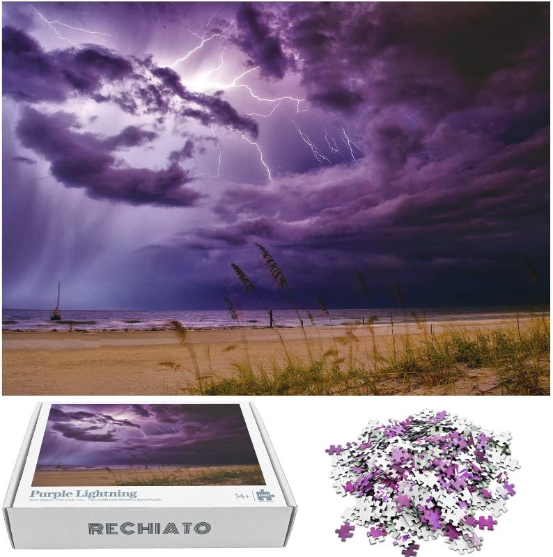 Photo 1 of Jigsaw Puzzles 1000 Pieces for Adults Purple Lightning, Summer Beach Storm Puzzles, Educational Fun Game Intellectual Decompressing Interesting Puzzle
