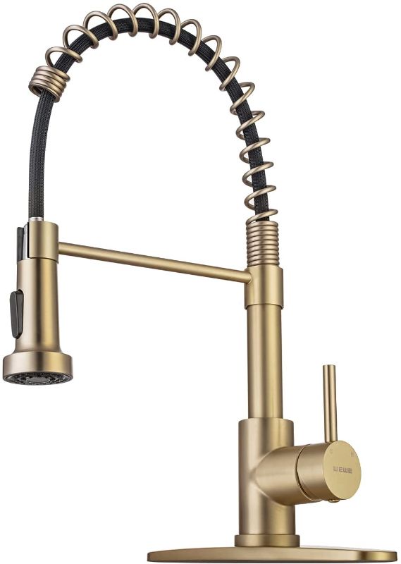 Photo 1 of Brushed Gold Kitchen Faucet with Pull Down Sprayer, RV Brass Kitchen Faucet Stainless Steel Single Handle Spring Faucet with Deck Plate for Farmhouse Utility bar Laundry Sinks WEWE
