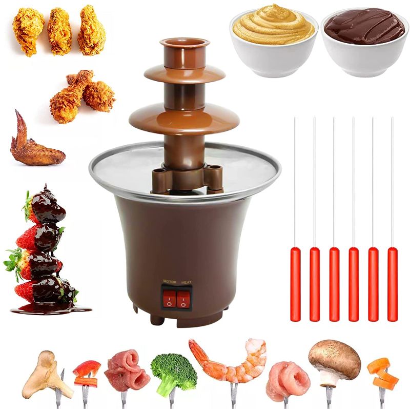 Photo 1 of Chocolate Fountain,3 Tiers Electric Chocolate Melting Pot with 6pcs Iron Sticks,Mini Stainless Steel Fondue,Chocolate Fountain Melting Chocolate,Perfect for Nacho Cheese,BBQ Sauce,Ranch,Liqueurs
