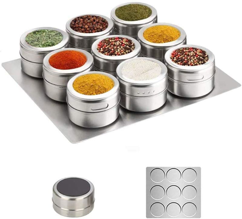 Photo 1 of 9PCS Magnetic Stainless Steel Spice Jar with Wall Base Dustproof Visible Seasoning Tin Easy to Clean and Rust Free for Outdoor Barbecue Kitchen
