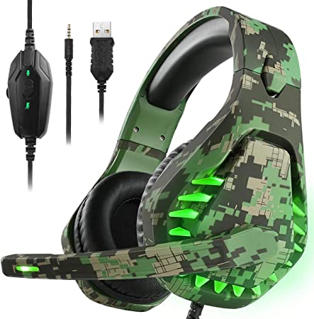 Photo 1 of Butfulake Noise Cancelling PC Headset with Mic,PS4 Gaming Headset with 7.1 Surround Sound Stereo for PS5 Switch,Omnidirectional Microphone Vibration LED Light,Compatible with Mac/Laptop,Camo Green
