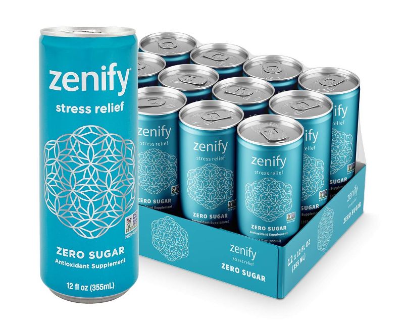 Photo 1 of Zenify Zero Sugar All Natural Sparkling Calming Stress Relief Beverage, Formula with L-Theanine, GABA, Vitamin B6, and Glycine, Non-GMO, Gluten-Free, Vegan, 12 Fl Ounce (Pack of 12) expires Feb/01/2023
 