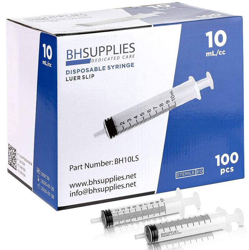 Photo 1 of 10ml Syringe Sterile with Luer Slip Tip, BH SUPPLIES - (No Needle) Individually Sealed - 100 Syringes

