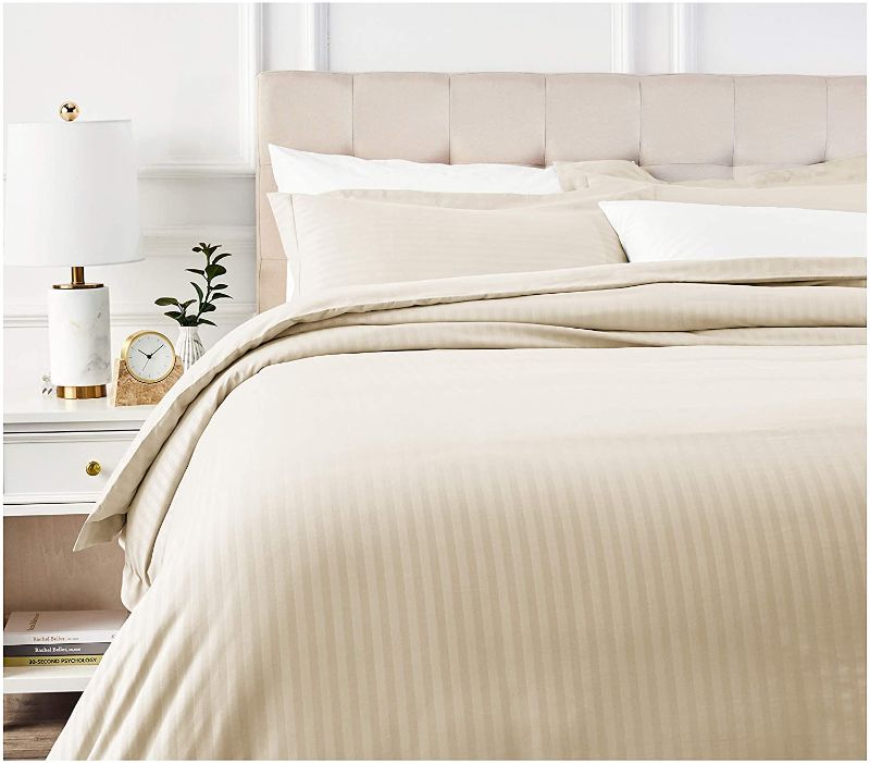 Photo 1 of Amazon Basics Striped Microfiber Duvet Cover Set - Full or Queen, Beige
