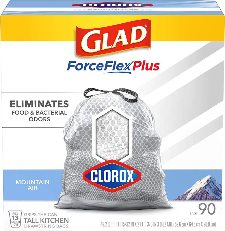 Photo 1 of Glad Trash & Food Storage Tall Kitchen Trash Bags ForceFlexPlus With Clorox, 13 Gallon, Mountain Air 90 Count (Package May Vary),White-Gray
