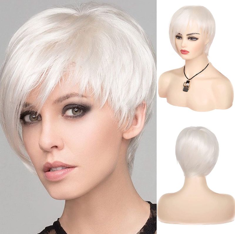 Photo 1 of Sallcks Short White Wig Pixie Natural Straight Asymmetric Wig Halloween Cosplay Costume Wig Synthetic Heat Resistant Hair Full Wig for Women