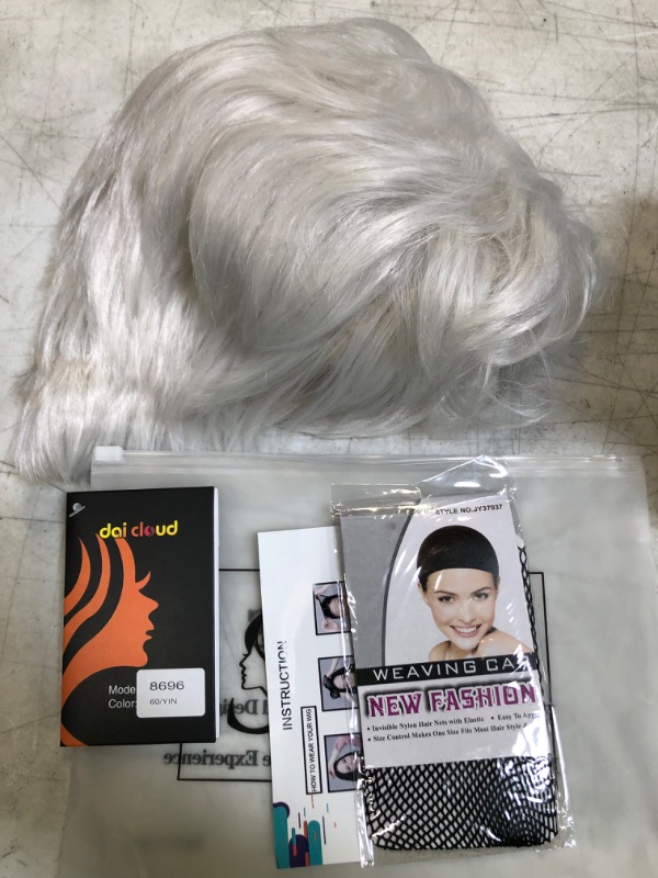 Photo 1 of Sallcks Short White Wig Pixie Natural Straight Asymmetric Wig Halloween Cosplay Costume Wig Synthetic Heat Resistant Hair Full Wig for Women