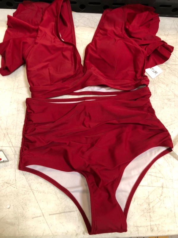 Photo 2 of -SIZE SMALL- SPORLIKE Women Ruffle High Waist Swimsuit Two Pieces Push Up Tropical Print Bikini (Solid Red)