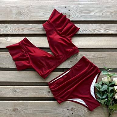 Photo 1 of -SIZE SMALL- SPORLIKE Women Ruffle High Waist Swimsuit Two Pieces Push Up Tropical Print Bikini (Solid Red)