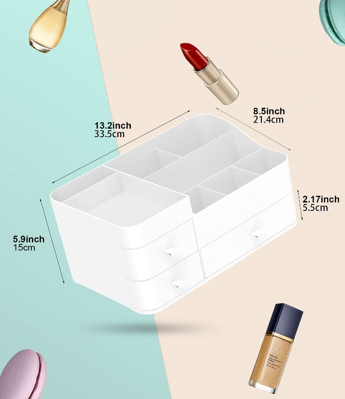 Photo 1 of Bemgue Makeup Organizer for Vanity, Large Capacity Desk Organizer with Drawers for Cosmetics, Lipsticks, Jewelry, Nail Care, Skincare, Ideal for Bedroom and Bathroom Countertops - White
