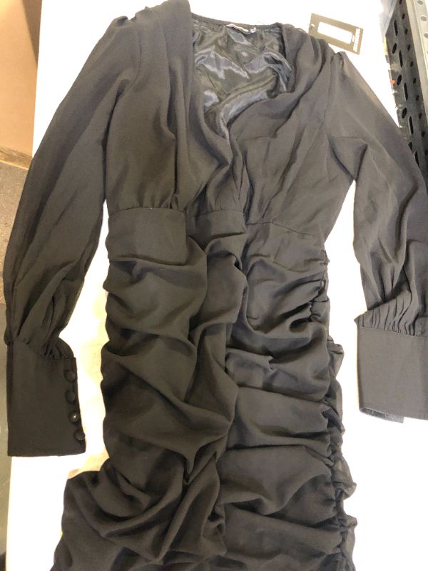 Photo 2 of black long sleeve chiffon ruched bodycon dress size 12