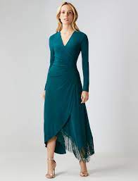 Photo 1 of BCBGMAXAZRIA Women's Long Sleeve Dress with Asymmetrical Fringe Hem, Botanical, X-Small

