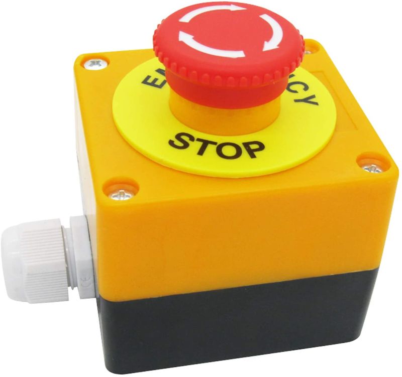 Photo 1 of TWTADE/Emergency Stop Red Sign Mushroom Push Button Switch Station 1 NC 1 NO 440V 10A Normally Closed Stop Switch Box LA38-11ZS-BOX
