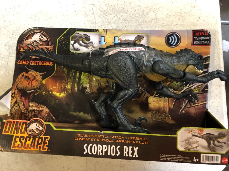 Photo 1 of Jurassic World Slash N Battle Scorpios Rex Action & Sound Dinosaur Figure Camp Cretaceous with Movable Joints,--button gets stuck 