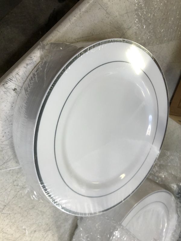 Photo 3 of 100 Piece Plastic Party Plates White Silver Rim, Premium Heavy Duty 10.25 Inch Dinner Plates Elegant Fancy Heavy Duty Disposable Wedding Plates
