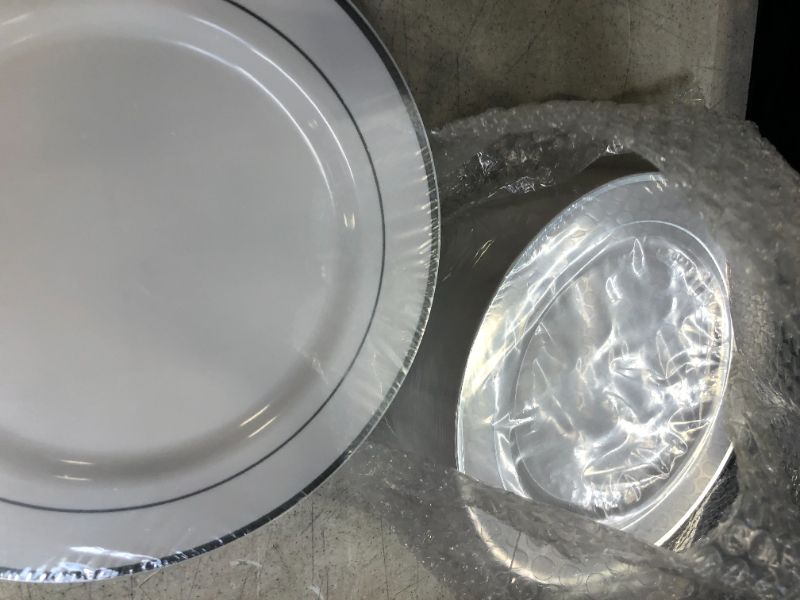 Photo 2 of 100 Piece Plastic Party Plates White Silver Rim, Premium Heavy Duty 10.25 Inch Dinner Plates Elegant Fancy Heavy Duty Disposable Wedding Plates
