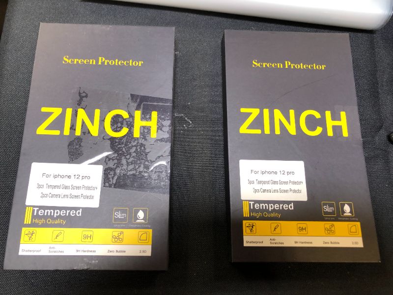 Photo 2 of 2 packs of ZINCH Pack Screen Protector for iPhone 12 Pro [6.7”] with 2 Packs Camera Lens Protector, Full Screen Tempered Glass Film, 9H Hardness - HD - 2.5D Edge - Bubble Free - Scratch Resistant
