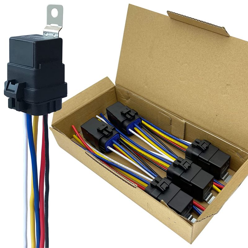 Photo 1 of 5 Pack 40/30 AMP 12V DC Waterproof Relay and Harness - Heavy Duty 12 AWG Tinned Copper Wires, 5-PIN SPDT Automotive Relay
