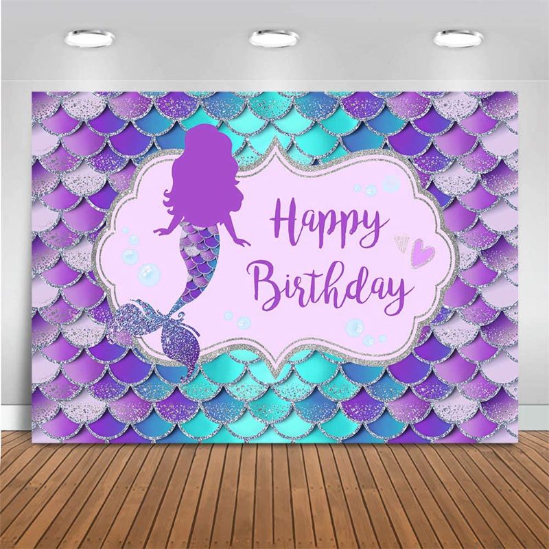 Photo 1 of Mocsicka Mermaid Birthday Backdrop Under The Sea Birthday Party Decoration for Girl Blue Purple Scales Photography Background (7x5ft (82x60 inch))
