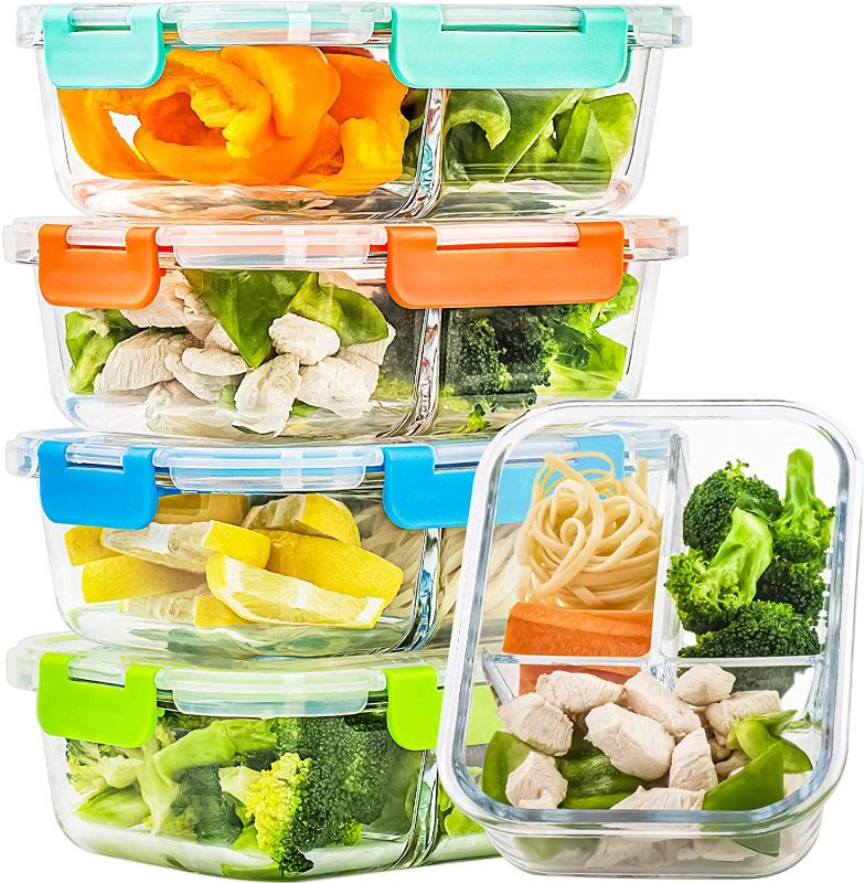 Photo 1 of 5 Pack Glass Meal Prep Containers 3 Compartment Set, 34oz Food Storage Containers with Lids Airtight
