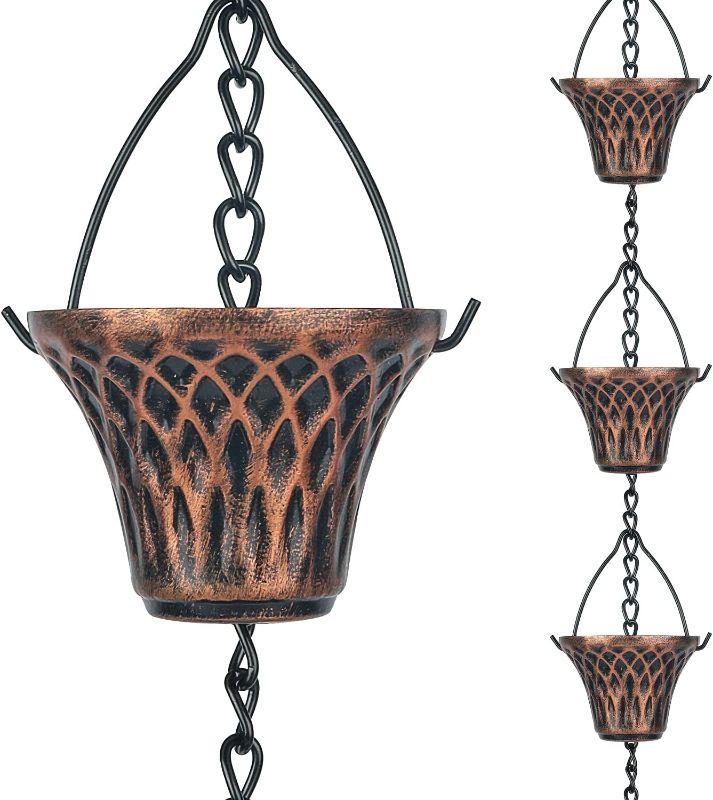 Photo 1 of CYNOR Antique Copper Rain Chains for Gutter Downspout Decorative Garden Rainwater Diverter House Outdoor Decor, 6 Cups, 3Ft Rain Chain Extension
