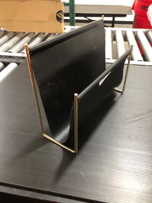 Photo 2 of MyGift Black Leatherette Newspaper and Magazine Holder Sling Rack with Brass Plated Metal Frame
