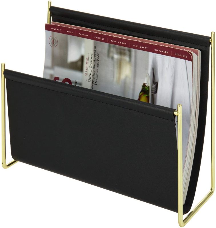 Photo 1 of MyGift Black Leatherette Newspaper and Magazine Holder Sling Rack with Brass Plated Metal Frame
