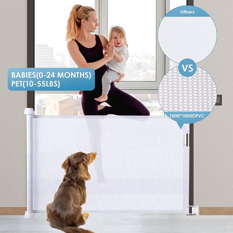 Photo 1 of Dai&F Retractable Baby Gates, Pet Gate Mesh, Baby Gate for Stairs Doorways Hallways, Mesh Gates for Kids or Pets Indoor/Outdoor , 33" Tall, Extends Up to 55" Wide, White
