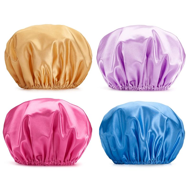 Photo 1 of 4 Pack Soft Satin Sleeping Cap Wide Band Salon Bonnet Silk Night Sleep Hat Hair Loss Cap for Women, 4 Styles