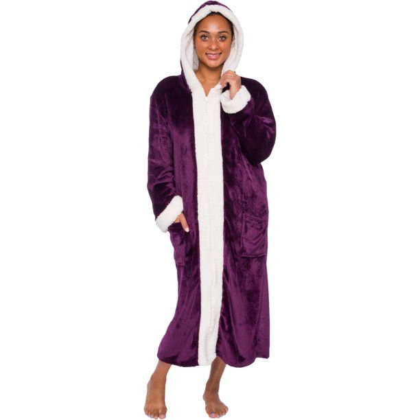 Photo 1 of Silver Lilly Womens Zippered Sherpa Trim Fleece Robe with Hood - Warm Plush Luxury Bathrobe (Dark Purple, Small-Medium)
