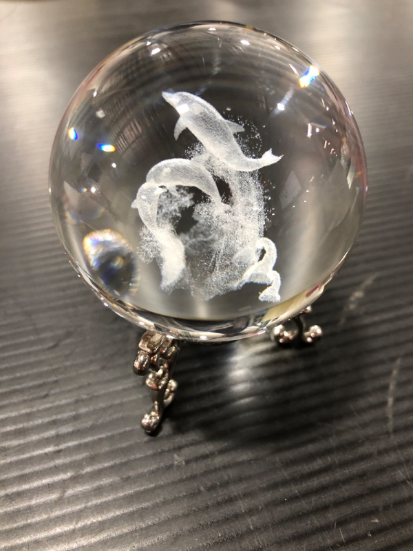 Photo 3 of 60mm Dolphin Crystal Ball Paperweight with Flower Stand Decorative Paperweight 3D Laser Engraved Glass Ball

