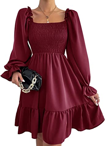 Photo 1 of LPCBDEE Womens Long Flounce Sleeve Shirred Dress Square Neck Bodice Ruffle Hem Short Dresses
(stock photo not exact to product)