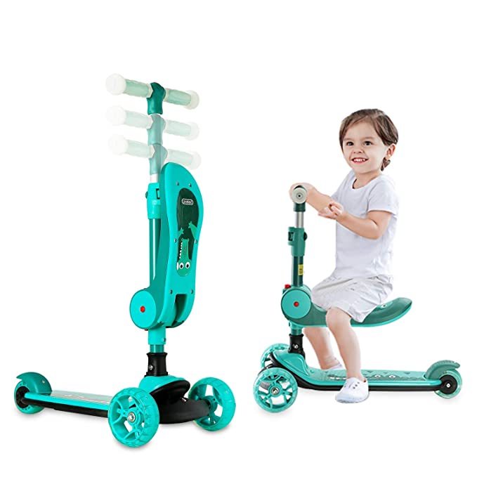 Photo 1 of 2-in-1 Kick Scooter for Kids, 3 Flashing Wheels Folding Seat with 4 Adjustable Height, Durable Aluminum Frame and Wide Deck, Lean to Steer Kick Scooter Gift for Boys Girls Toddlers 2-14 Years Old
