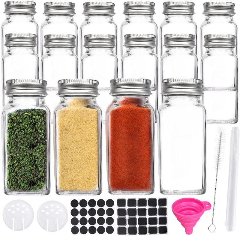 Photo 1 of 16 Pack 4 oz Glass Spice & Salts Jars Bottles, Clear Square Glass Seasoning Jars With Aluminum Silver Metal Caps and Pour/Sift Shaker Lid. 1 Pen,40 Black Labels and 1 Foldable Wide Funnel.
