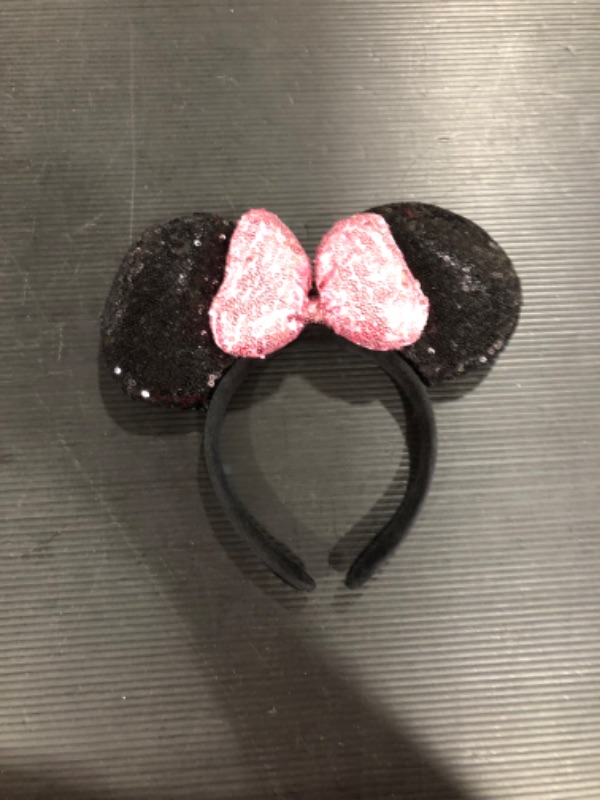 Photo 2 of Mouse Ears Solid Black and Pink Sequins Bow