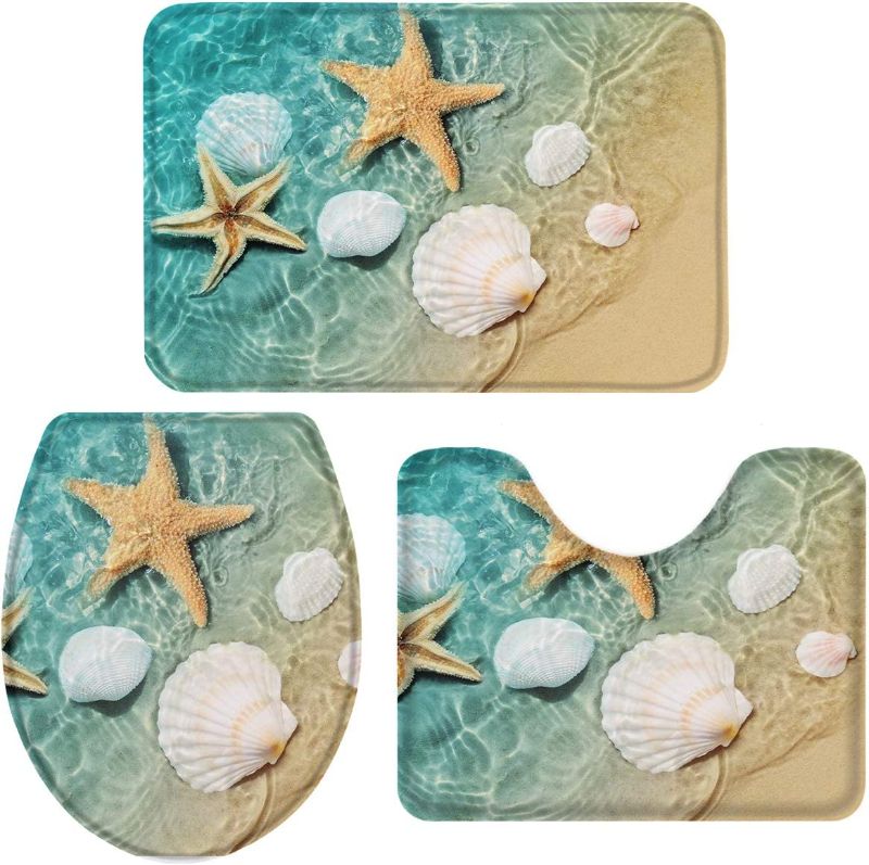 Photo 1 of 3 Pieces Bathroom Rugs and Mats Sets Fresh Beach Sand Starfish Shell,Non Slip Water Absorbent Bath Rug,Toilet Seat/Lid Cover,U-Shaped Toilet Mat,Home Decor Doormats-Natural Coastal
