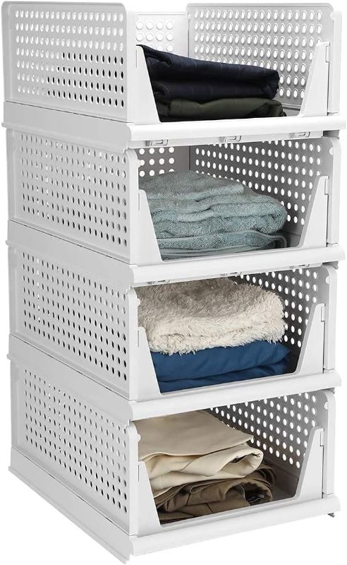 Photo 1 of Set of 4 Stackable Closet Wardrobe Storage Box Organizer (Easy Open and Folding), Plastic White Wardrobe Shelves Closet Organiser Box, Pull Out Like a Drawer, Suitable for Home, Bedroom, Kitchen
