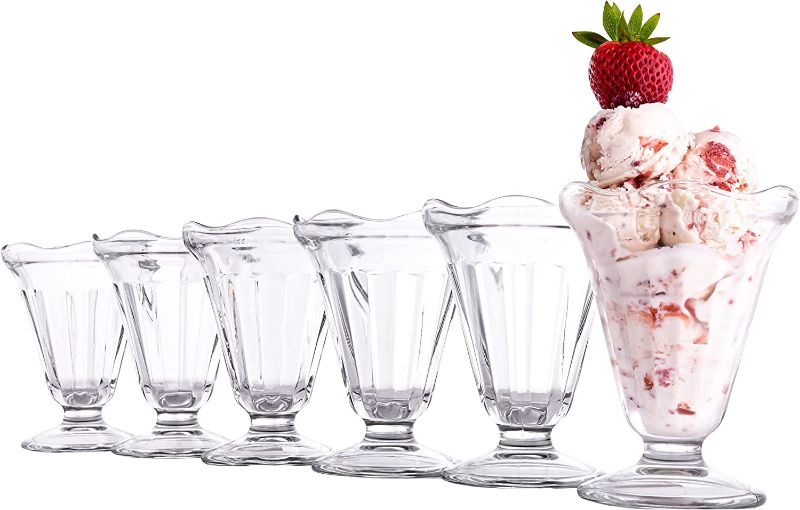Photo 1 of Vikko 7.5-Ounce Footed Ice Cream Cups | Classic Sundae Style Glass Cups – Thick and Durable – For Sundaes, Milkshakes, Ices, Desserts, and More – Set of 6 Dessert Glasses – 3.8” x 5”
