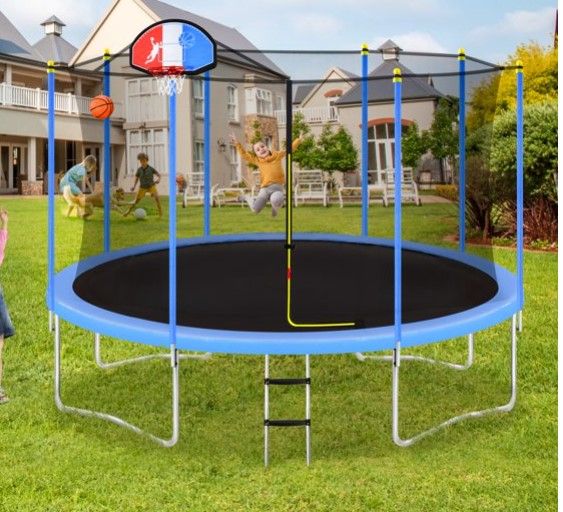 Photo 1 of 14Ft Trampoline For Kids With Safety Enclosure Net, Basketball Hoop And Ladder,
