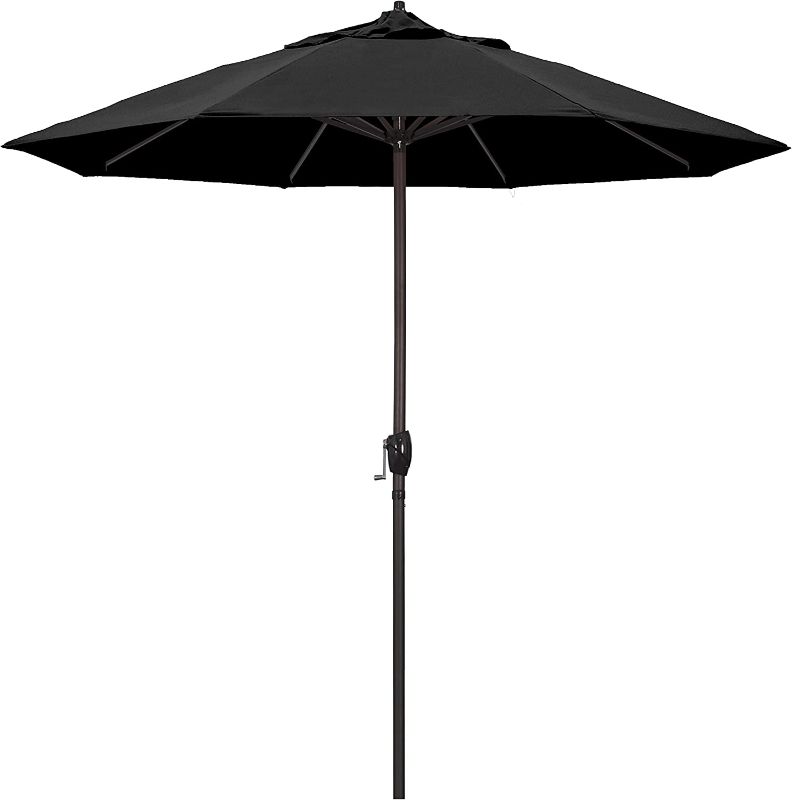 Photo 1 of California Umbrella 9' Round Aluminum Market Umbrella, Crank Lift, Auto Tilt, Bronze Pole, Black Olefin