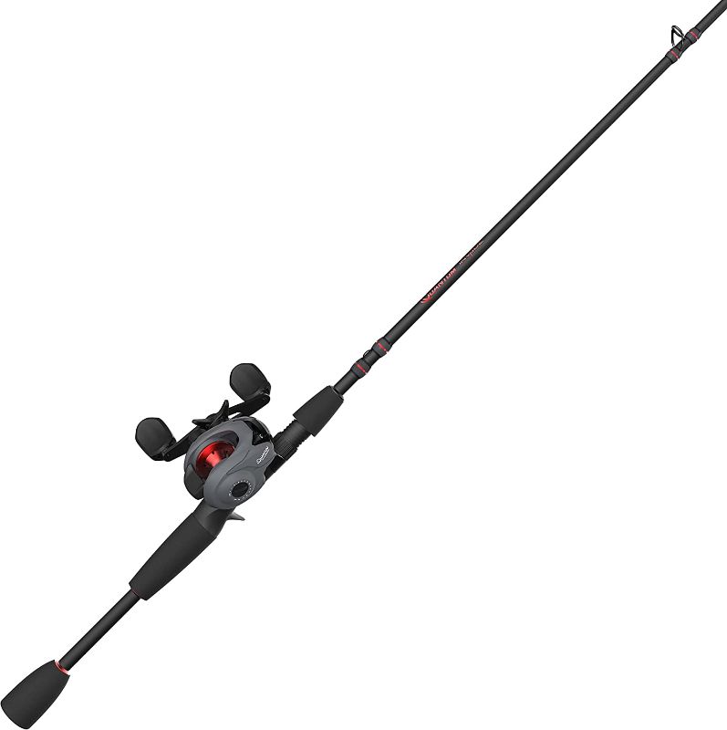 Photo 1 of (LEFT HANDED) Quantum Invade Baitcast Reel and Fishing Rod Combo, 6'6" IM6 Graphite 1-Piece Rod with Comfortable Split-Grip EVA Handle, 5 Bearings (4 + Continuous Anti-Reverse Clutch), Gray/Red 

