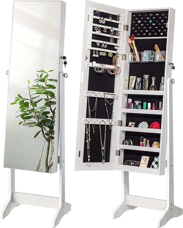 Photo 1 of YOKUKINA Jewelry Cabinet Armoire, Large Storage Lockable Organizer with Frameless Free Standing Dressing Mirror (White)