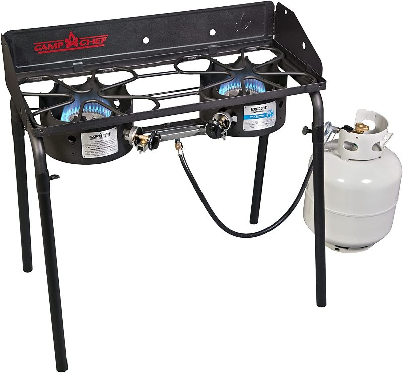 Photo 1 of Camp Chef Explorer, Two Burner Stove, Two 30,000 BTU's cast-aluminum burners, Cooking Dimensions: 14 in. x 32 in