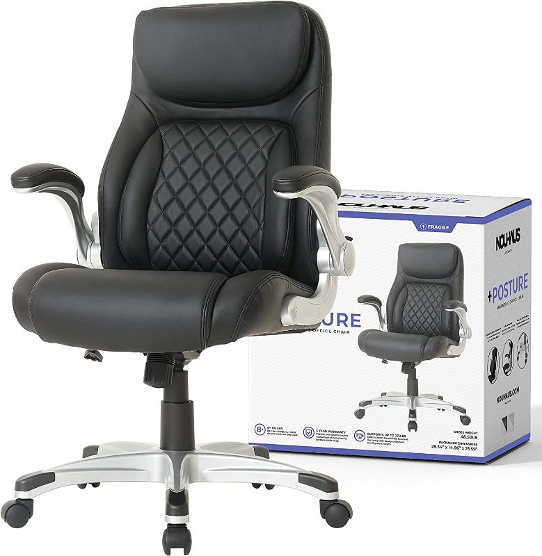 Photo 1 of NOUHAUS +Posture Ergonomic PU Leather Office Chair. Click5 Lumbar Support with FlipAdjust Armrests. Modern Executive Chair and Computer Desk Chair (Black)