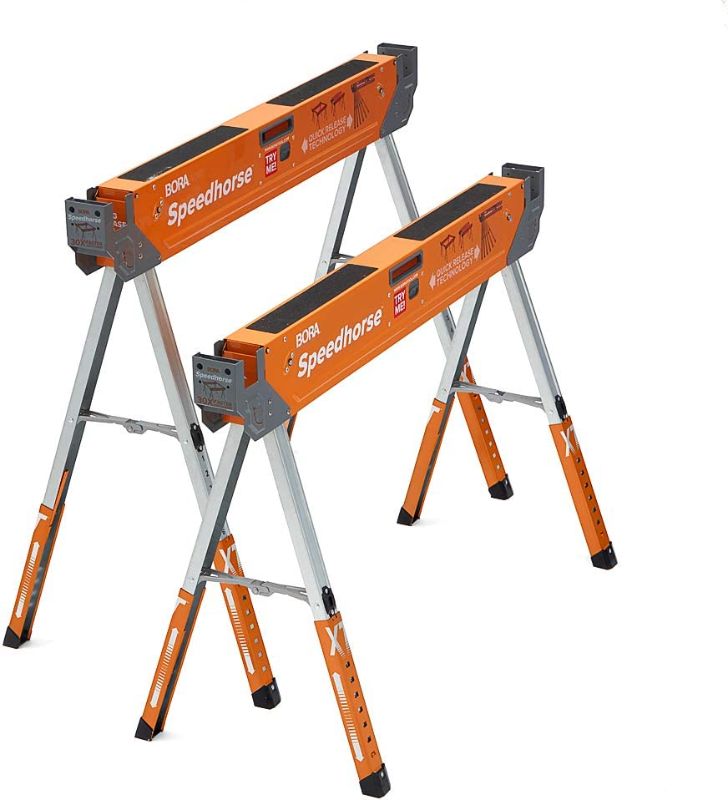 Photo 1 of Bora Portamate Speedhorse XT Adjustable Height Sawhorse Pair- Two pack & Centipede 4x8 15-Strut Work Stand and Portable Table | XL Sawhorse Support with Folding, Collapsible Steel Legs, CK15S